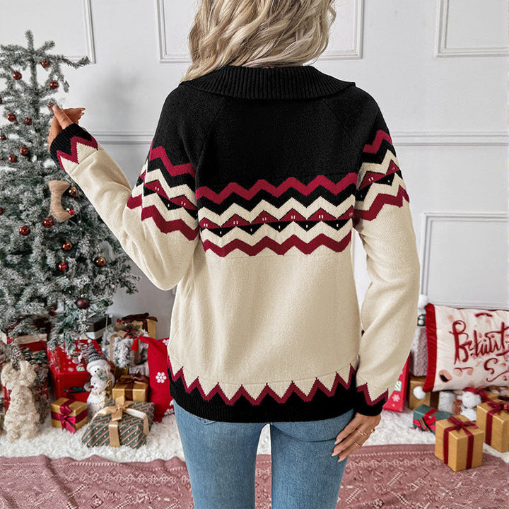 Women's V-Neck Sweater with Long Sleeves and Zigzag Pattern