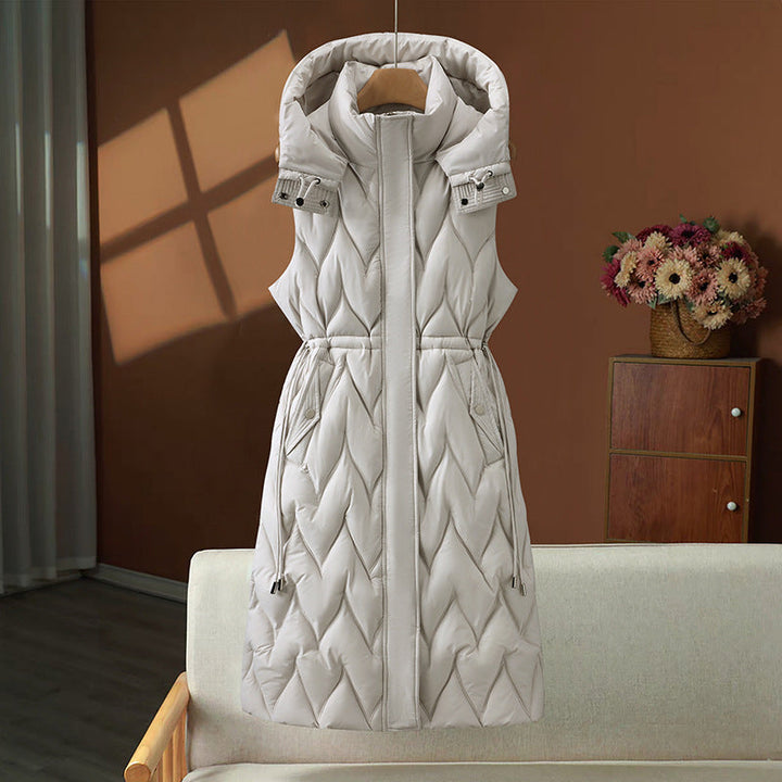 Women's Long Quilted Vest with Hood and Adjustable Drawstring