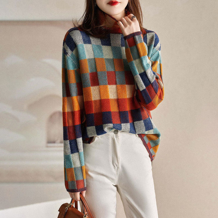 Colorful Checkered Knit Pullover