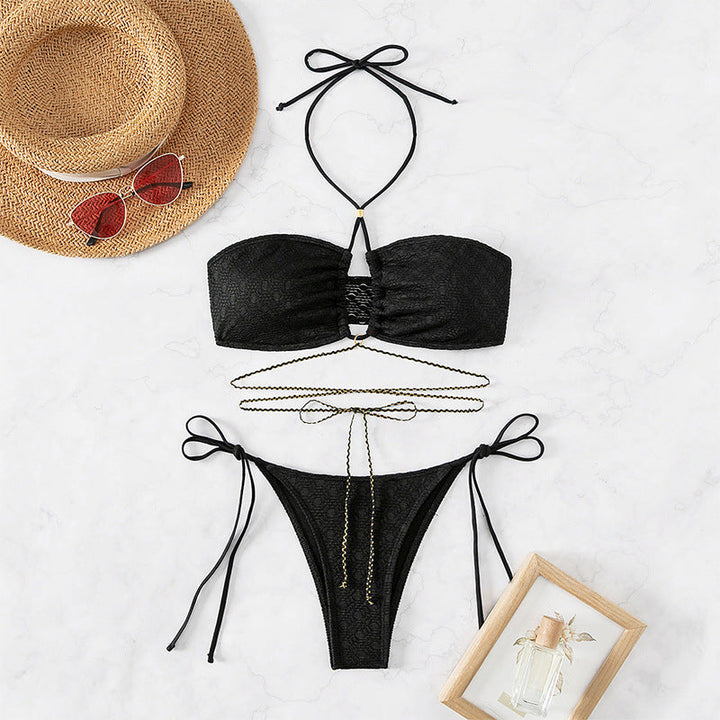 Women's Bandeau Bikini with Elegant Golden Accents and Playful Ties EB
