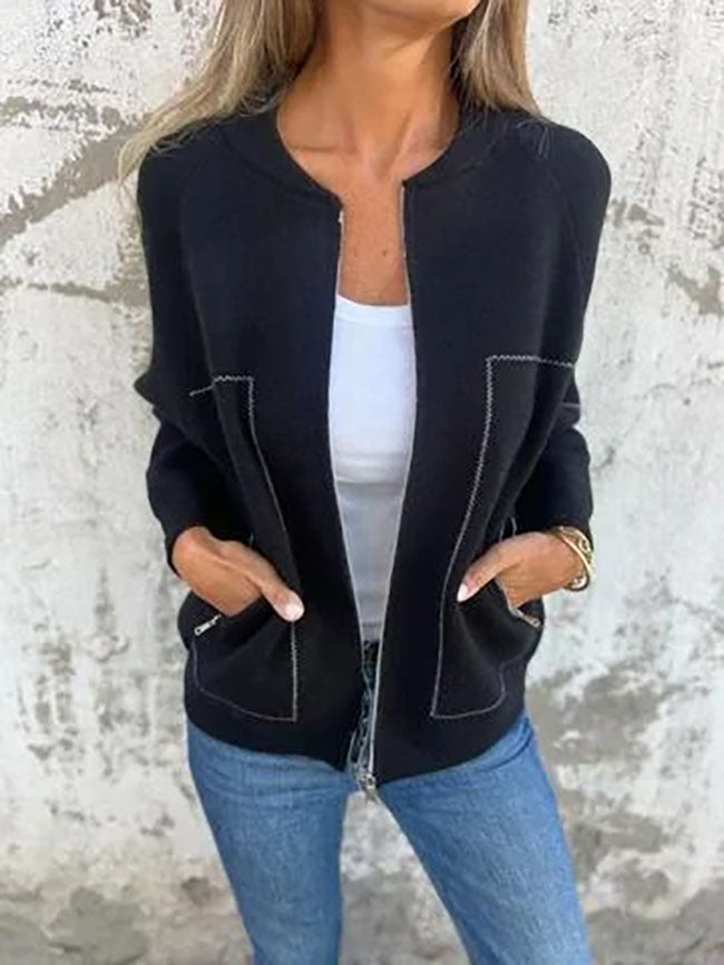Women's Cropped Bomber Jacket with Contrast Stitching