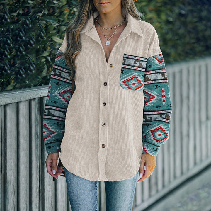 Women’s Cord Shirt Jacket with Patterned Knit Sleeves and Patch Pocket Célinea, view 2 - Elena Harper