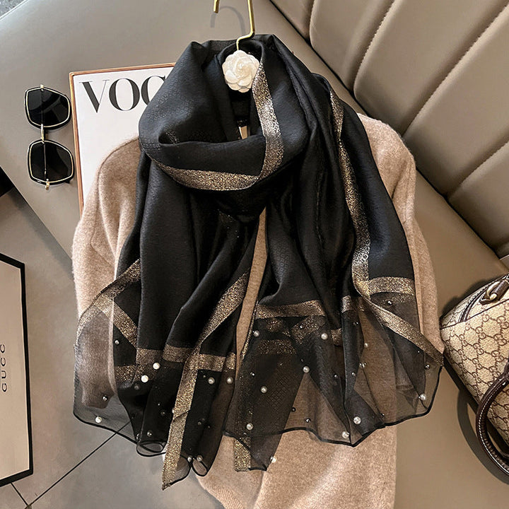 Elegant Scarf Decorated with Pearls