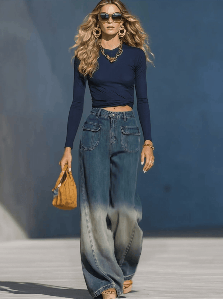 Casual Fashion Gradient Washed Denim Blue Gray Loose Pants, view 2 - Elena Harper