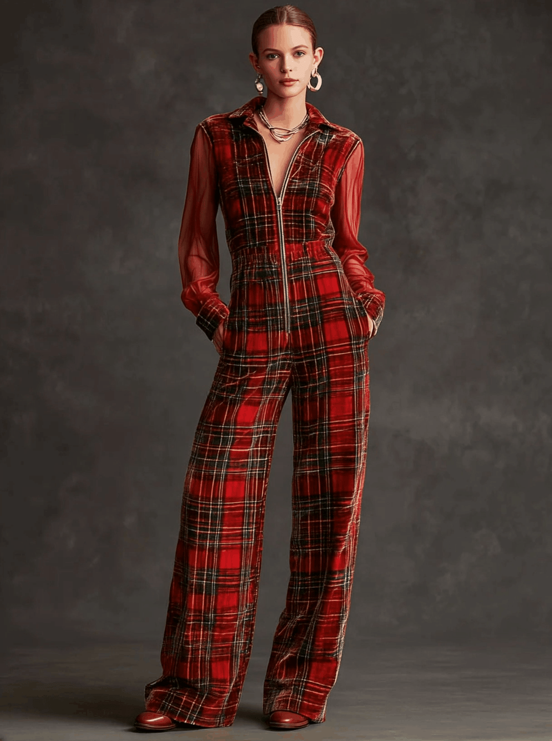 Retro Long-sleeved Mesh Red And Green Plaid Velvet Wide-leg Jumpsuit, view 2 - Elena Harper