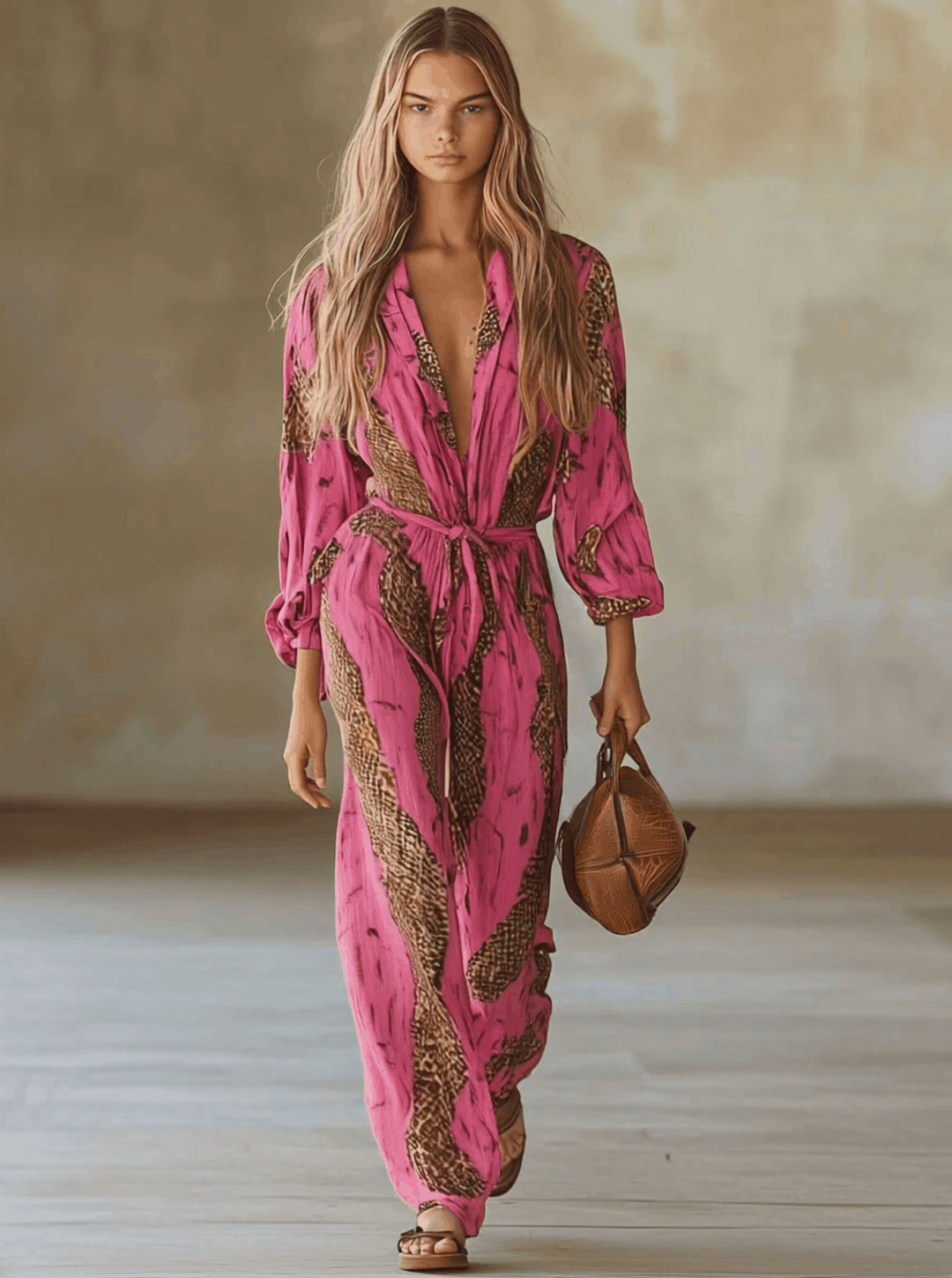 Casual Loose Rose Red Chiffon Leopard Print Long-Sleeved Jumpsuit, view 2 - Elena Harper