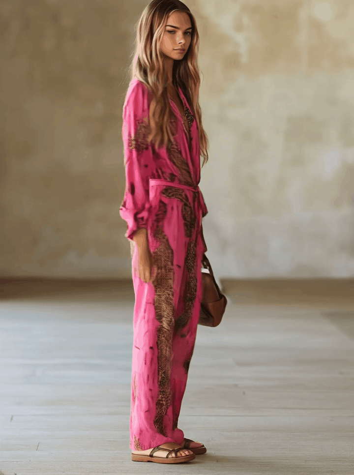 Casual Loose Rose Red Chiffon Leopard Print Long-Sleeved Jumpsuit, view 3 - Elena Harper