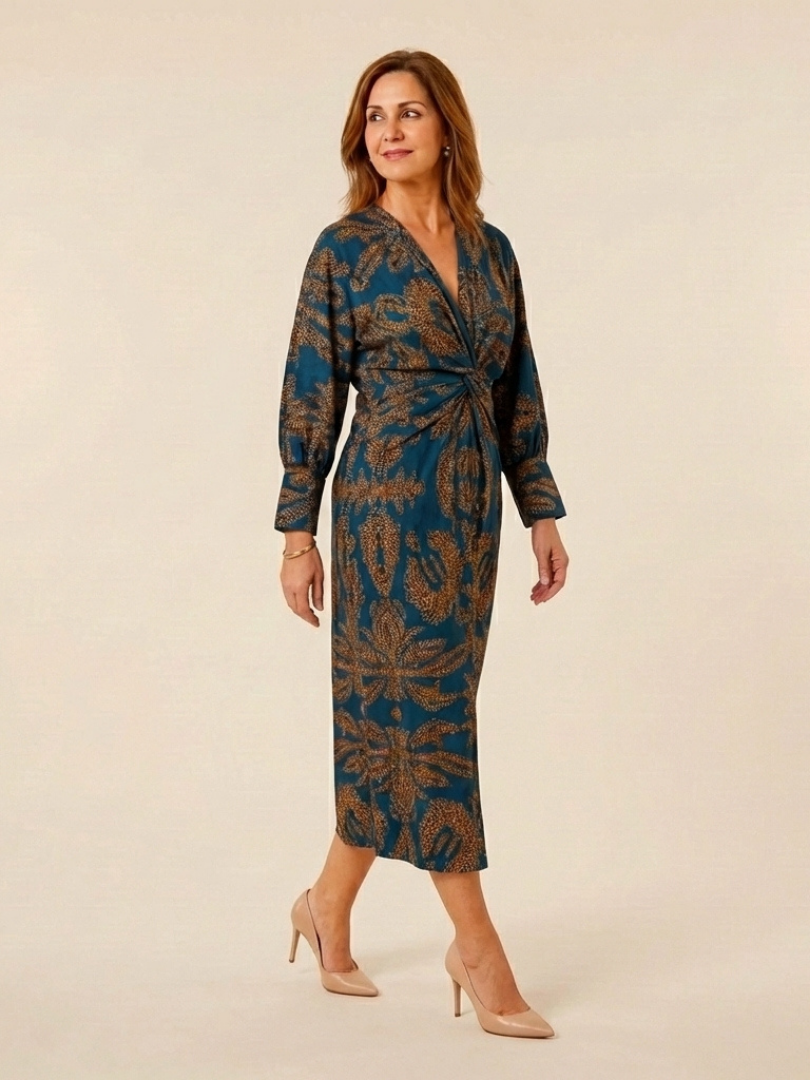 Corinna Long Sleeve V Neck Twist Front Midi Dress - Elena Harper