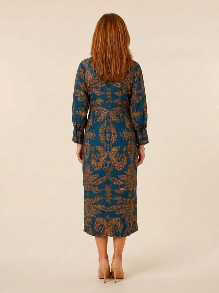 Corinna Long Sleeve V Neck Twist Front Midi Dress - Elena Harper