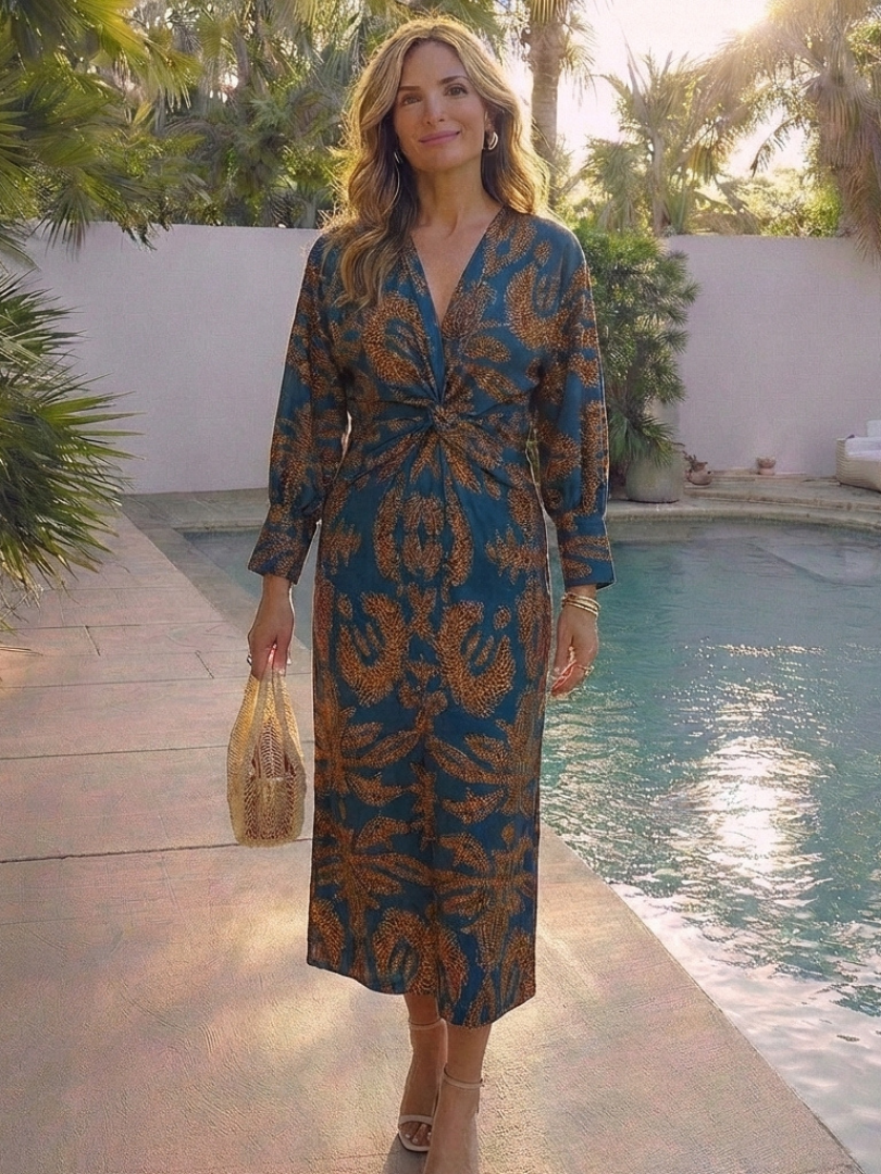 Corinna Long Sleeve V Neck Twist Front Midi Dress - Elena Harper