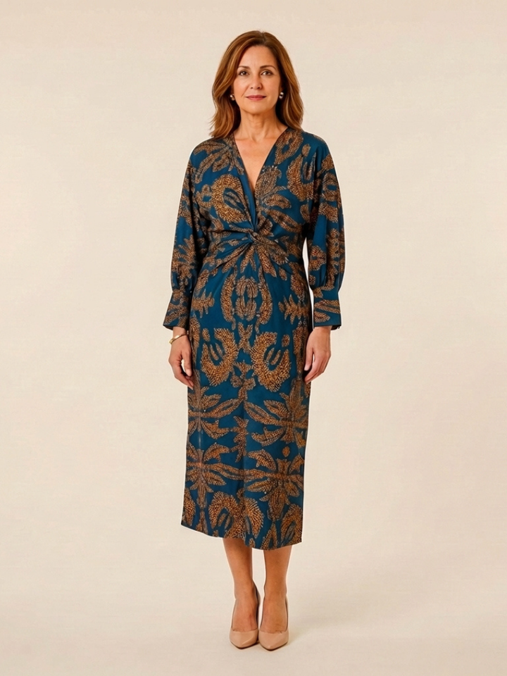 Corinna Long Sleeve V Neck Twist Front Midi Dress - Elena Harper