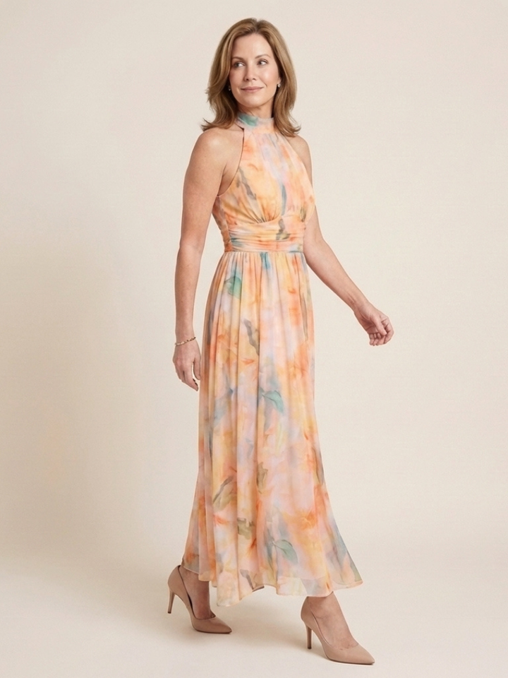Elara Sleeveless High Neck Gathered Waist Midi Dress - Elena Harper