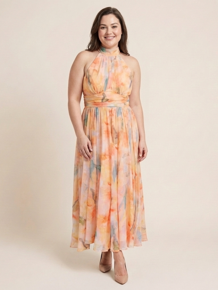Elara Sleeveless High Neck Gathered Waist Midi Dress - Elena Harper