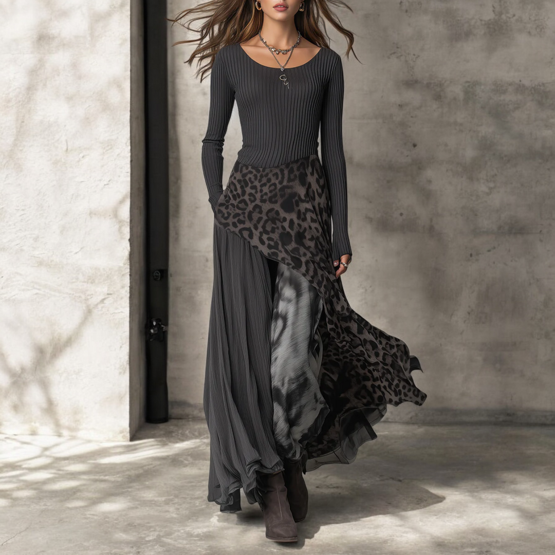 NKEM Elegant Leopard Print Long Dress with Flattering Flow - Elena Harper