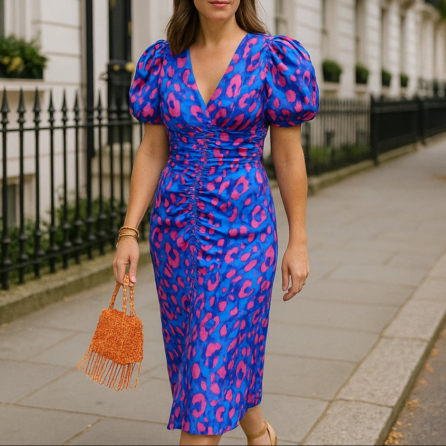 Elegant Midi Dress with Voluminous Sleeves - Elena Harper