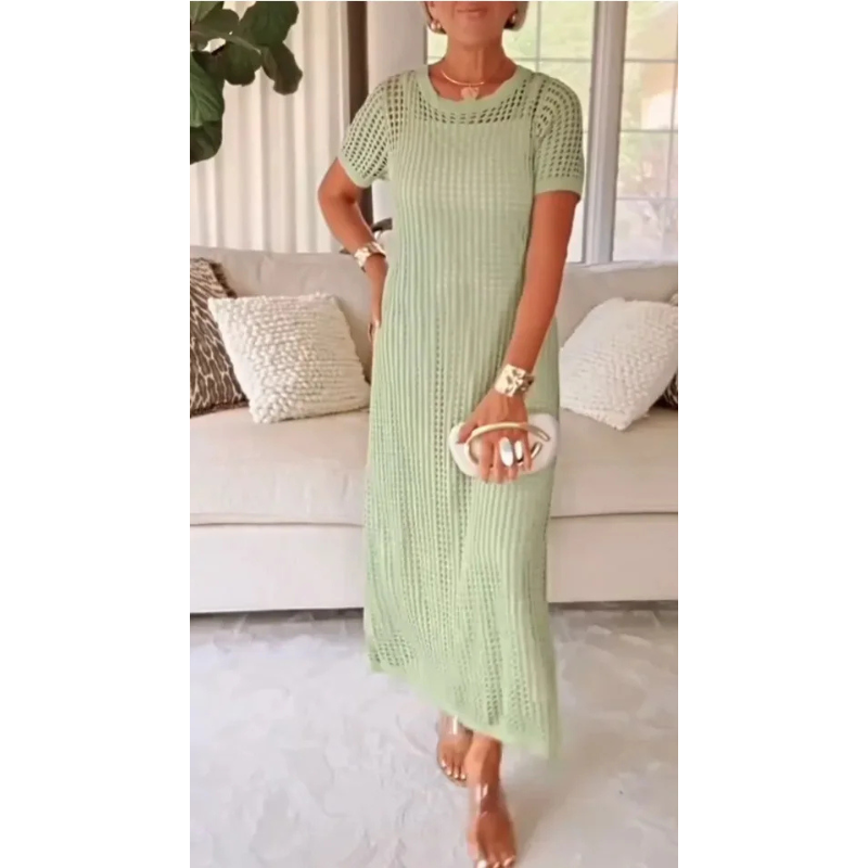 Women's Cut-Out Knit Maxi Dress Set Long Dress with Inner Layer, view 3 - Elena Harper