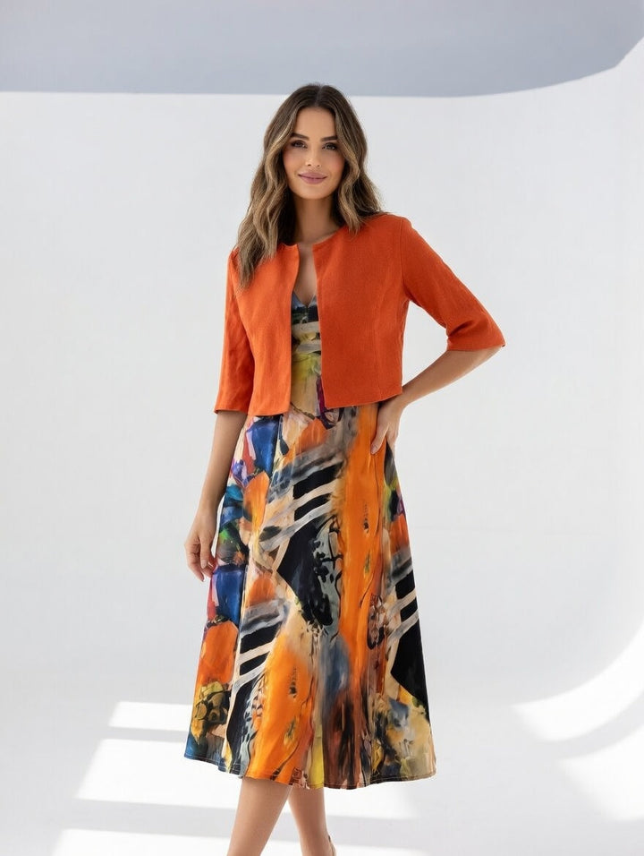 Fluid Midi Dress with Bolero Elegant Artistic Print - Elena Harper