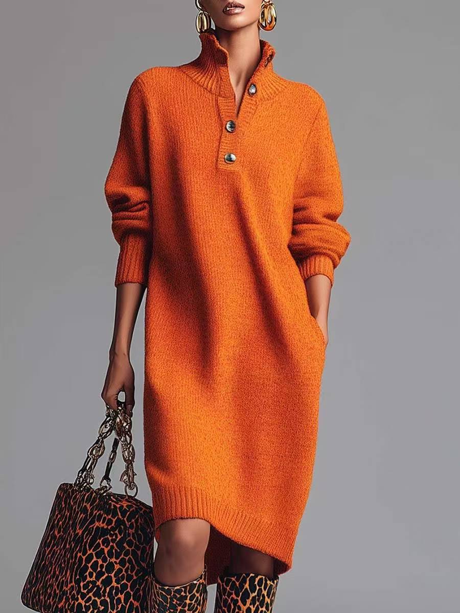 Perona - Elegant Knitted Dress With Button