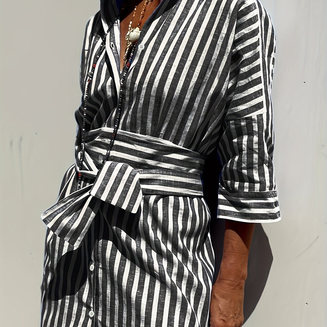Women's Striped Button-Down Dress with Belt - Effortless Style