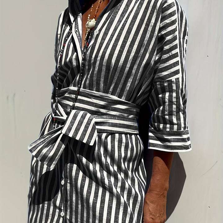 Women's Striped Button-Down Dress with Belt - Effortless Style