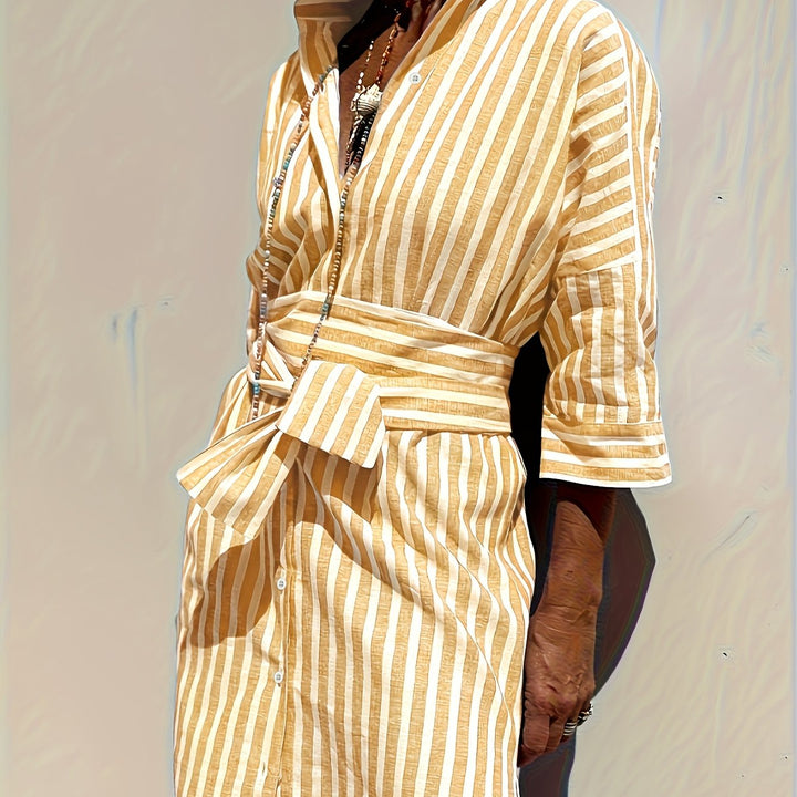 Women's Striped Button-Down Dress with Belt - Effortless Style