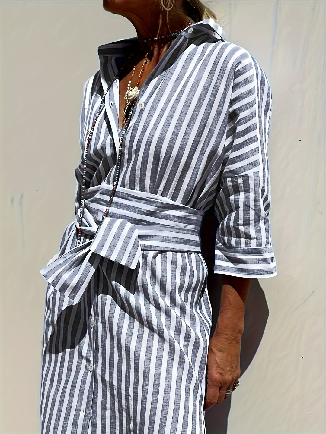 Women's Striped Button-Down Dress with Belt - Effortless Style