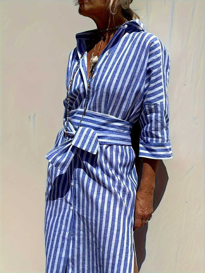 Women's Striped Button-Down Dress with Belt - Effortless Style
