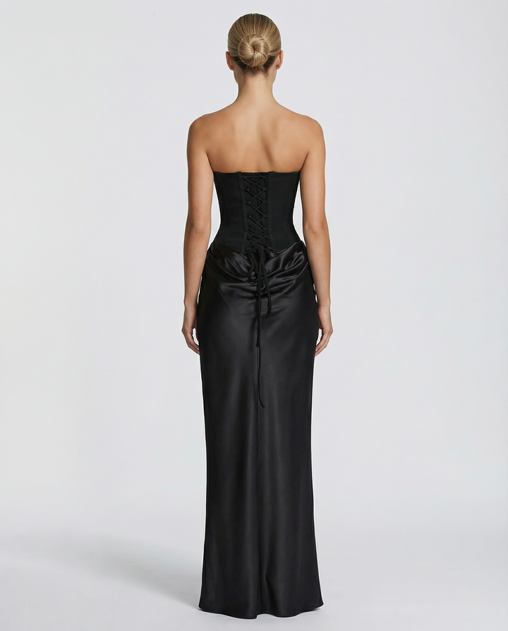 Vivienne Moretti | Black Satin Corset Party Maxi Dress For Women (Christmas / NYE)