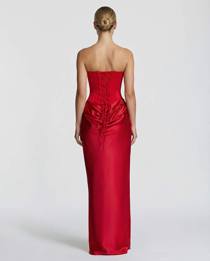Vivienne Moretti | Black Satin Corset Party Maxi Dress For Women (Christmas / NYE)