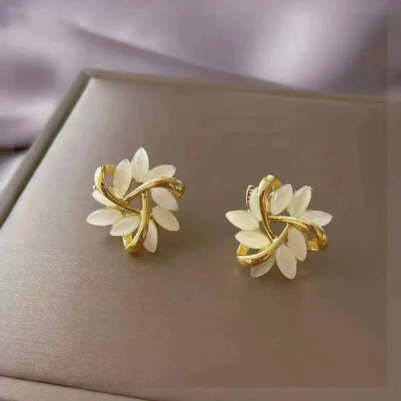 Gold Leaf White Opal Stud Earrings