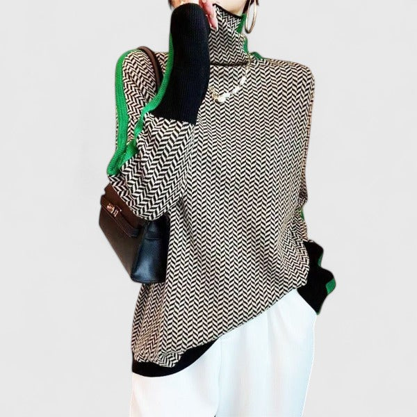 Women's Jacquard Roll Neck Sweater with Contrasting Sleeves