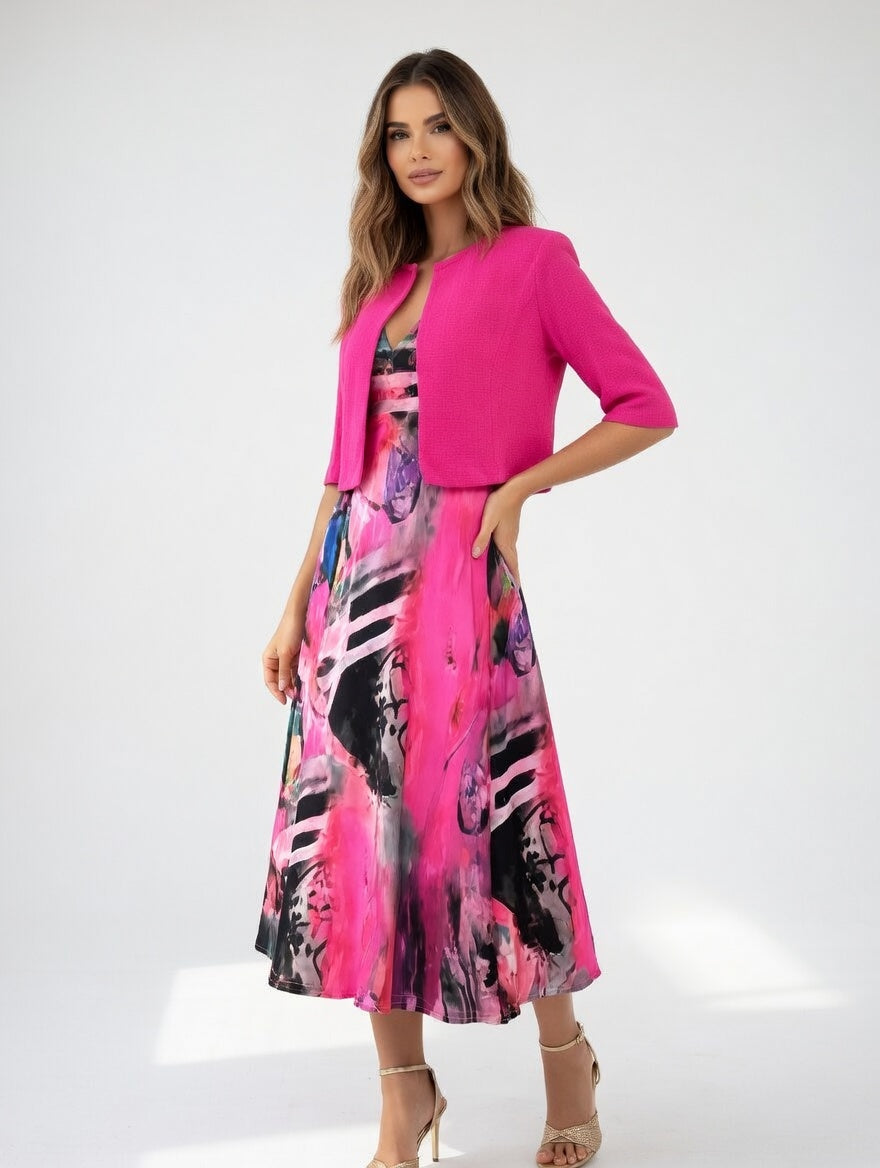 Fluid Midi Dress with Bolero Elegant Artistic Print - Elena Harper