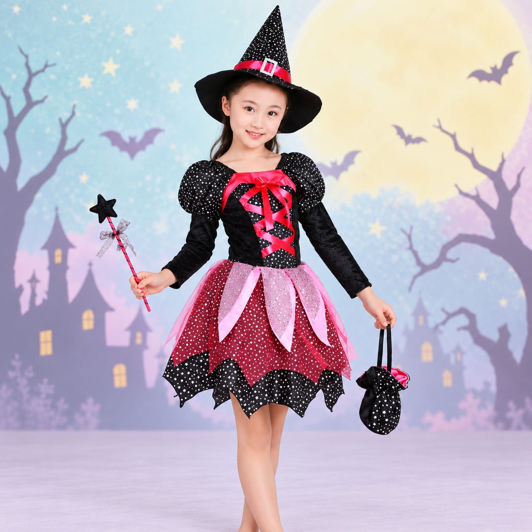 Girls' Witch Costume 4-Piece Set – Dress, Hat, Wand & Bag