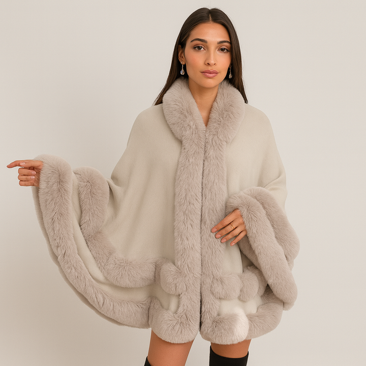 Ladies Cape Coat with Faux Fur Trim and Shawl Collar