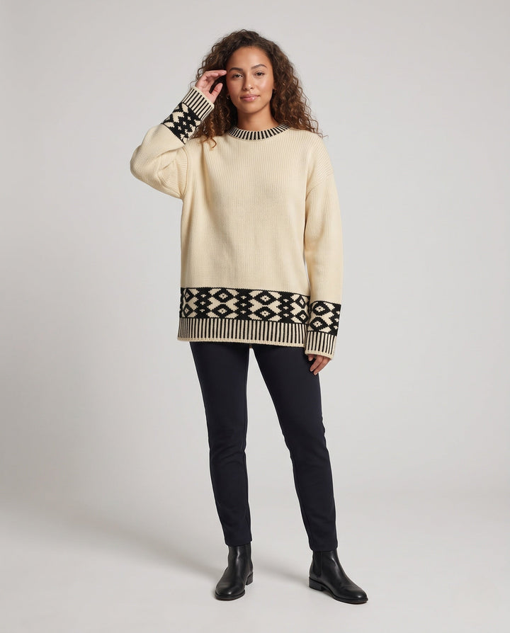 Women's Oversized Sweater with Norwegian Pattern and Ribbed Cuffs
