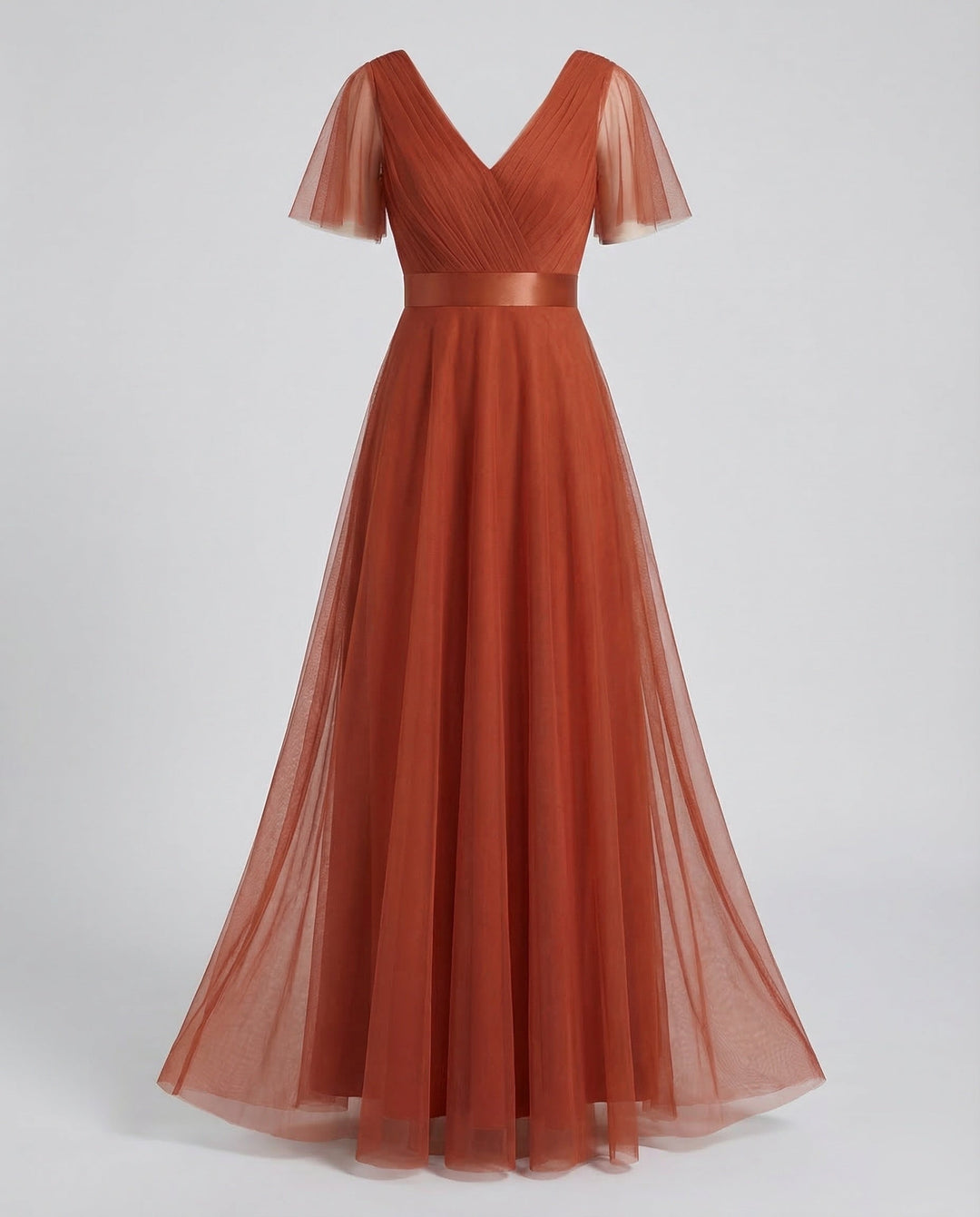 Long Tulle Evening Dress with V-Neck