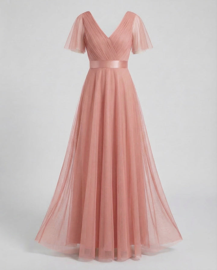 Long Tulle Evening Dress with V-Neck