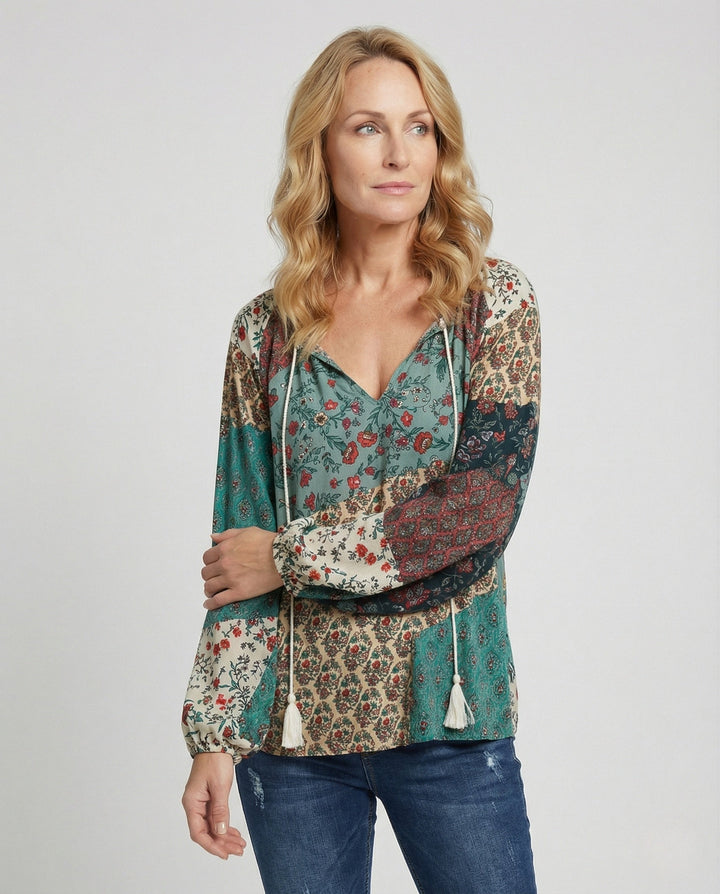 Boho Patchwork Blouse for Women with Tassels and V-Neck