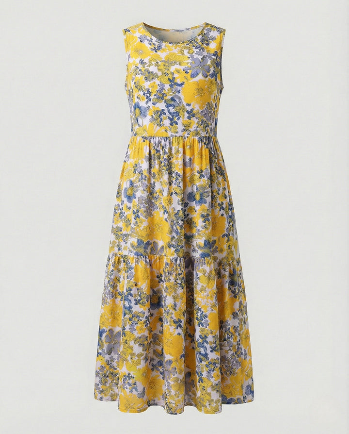 Women's Sleeveless Maxi Tiered Dress with Print, view 6 - Elena Harper