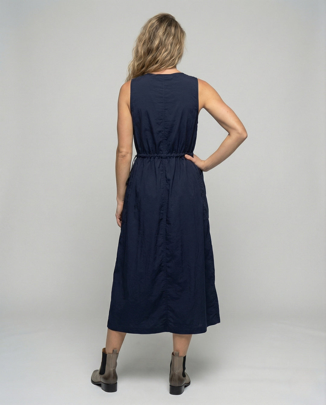 Women's Sleeveless Midi Dress with Drawstring Waist