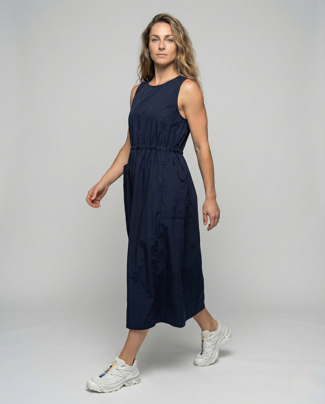 Women's Sleeveless Midi Dress with Drawstring Waist