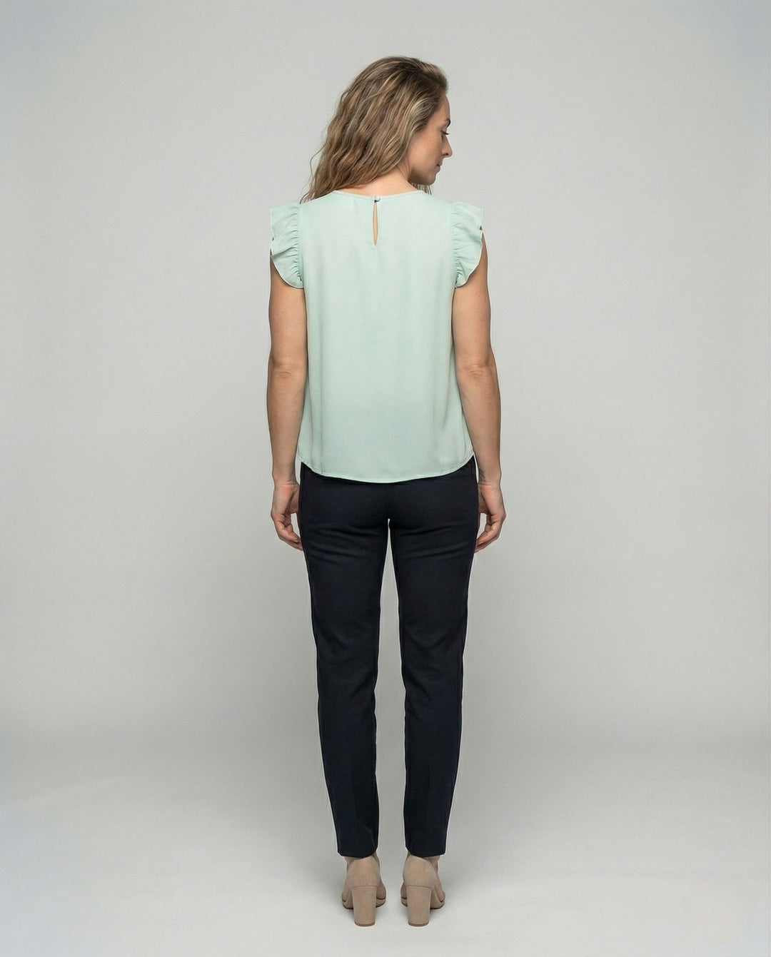 Women's Sleeveless Silk Look Blouse Top with Ruffles, view 3 - Elena Harper