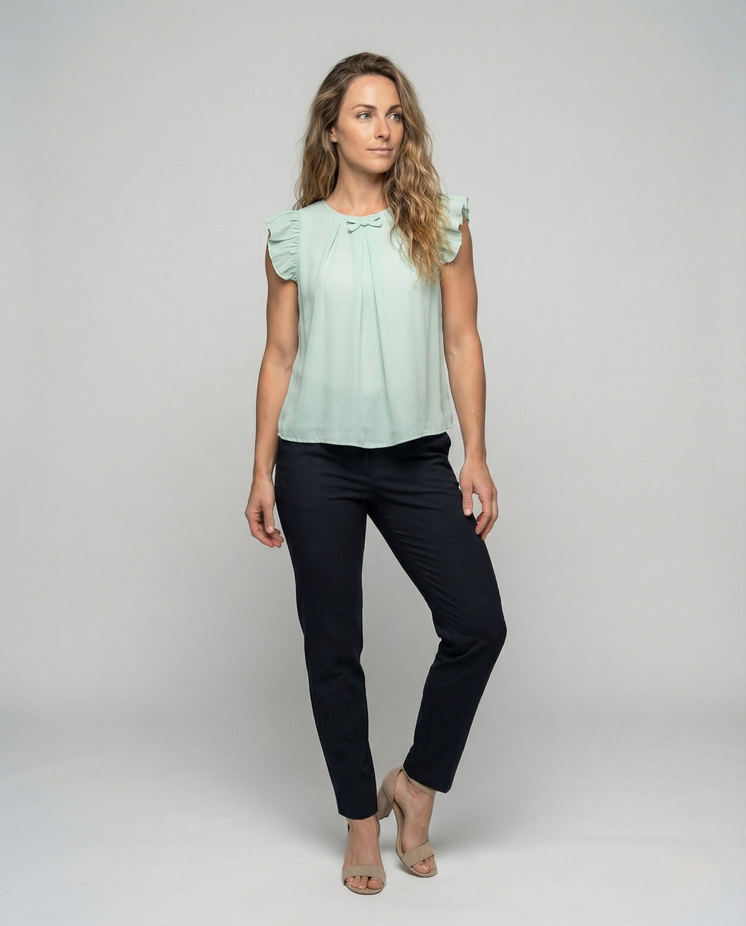 Women's Sleeveless Silk Look Blouse Top with Ruffles, view 2 - Elena Harper