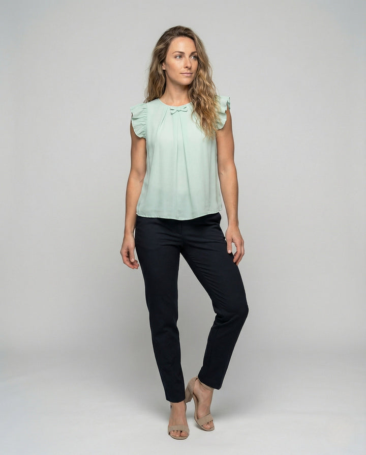 Women's Sleeveless Silk Look Blouse Top with Ruffles, view 2 - Elena Harper