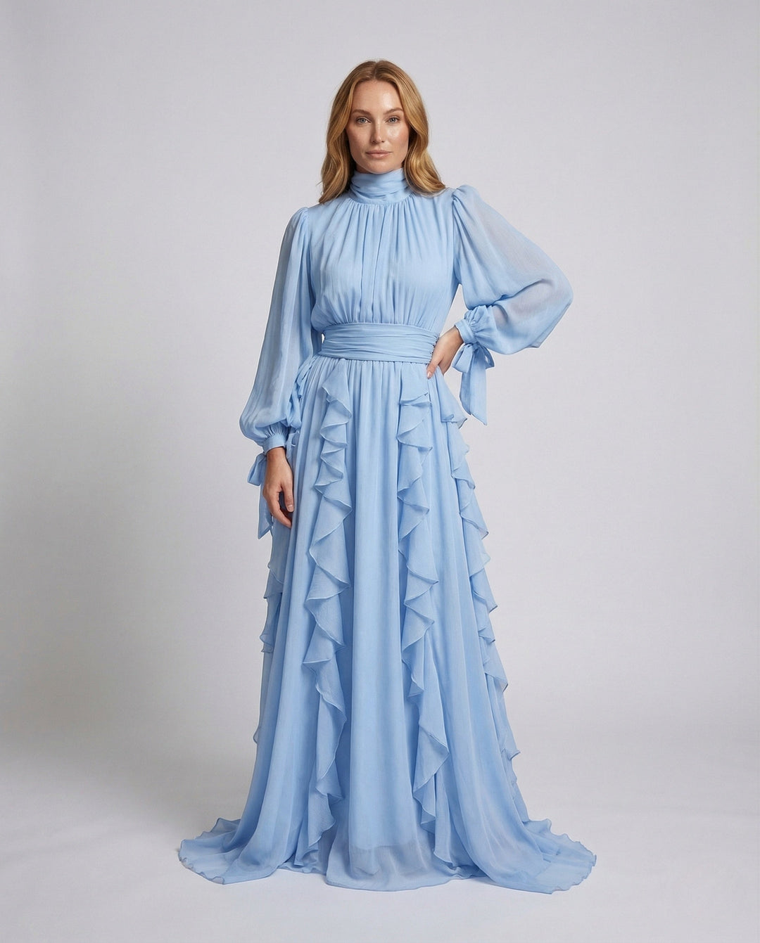 Women's Evening Dress with Stand Collar and Puff Sleeves