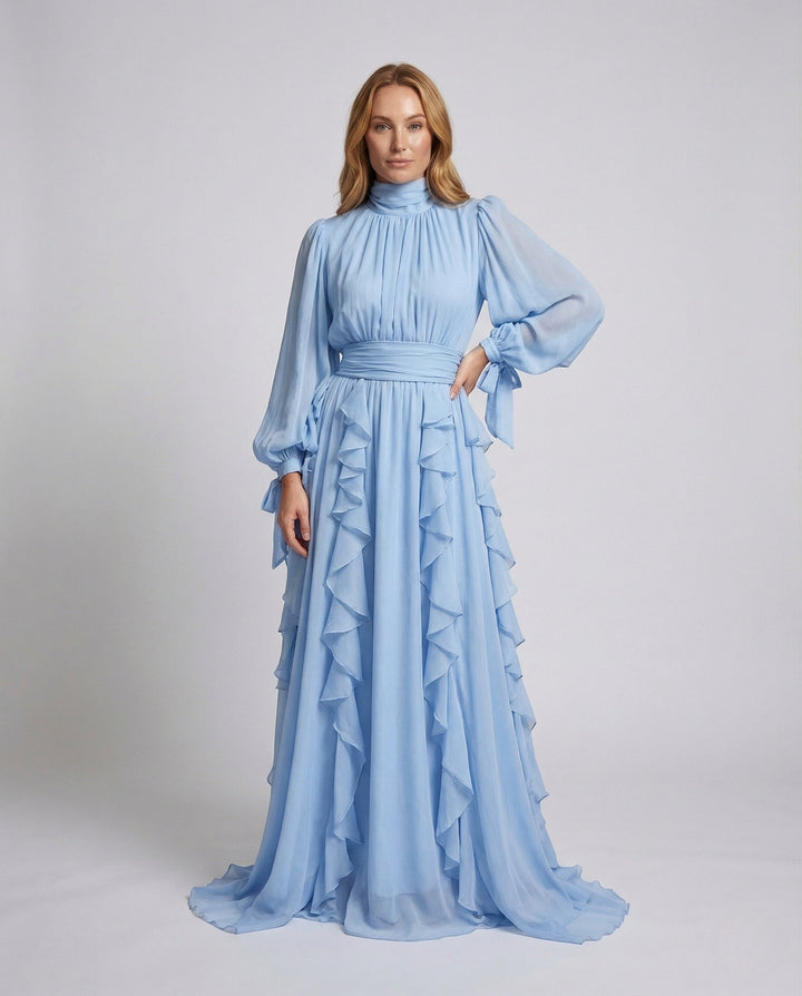 Women's Evening Dress with Stand Collar and Puff Sleeves