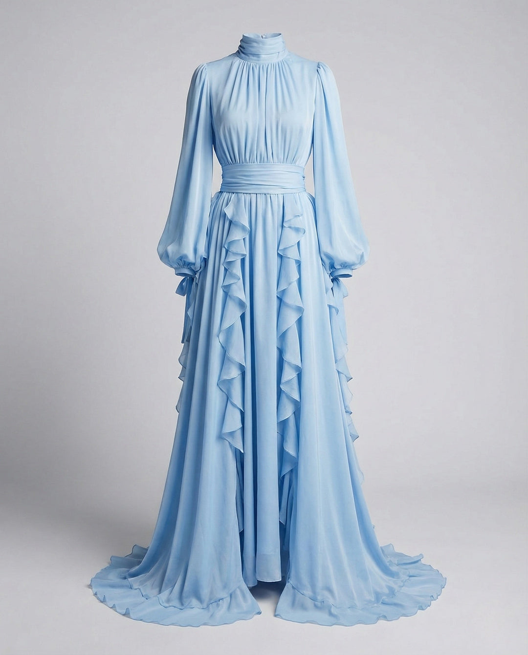 Women's Evening Dress with Stand Collar and Puff Sleeves