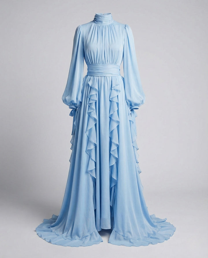 Women's Evening Dress with Stand Collar and Puff Sleeves