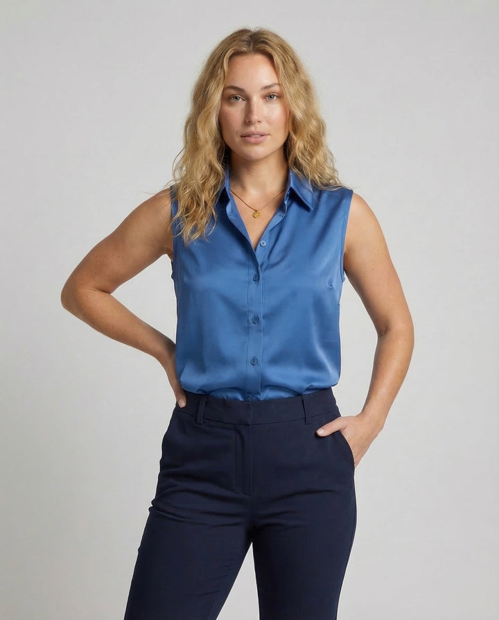 Women's Sleeveless Satin Blouse Shirt, view 2 - Elena Harper