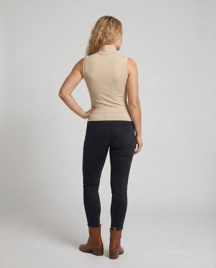 Women's Sleeveless Turtleneck Top Stretch Jersey, view 4 - Elena Harper